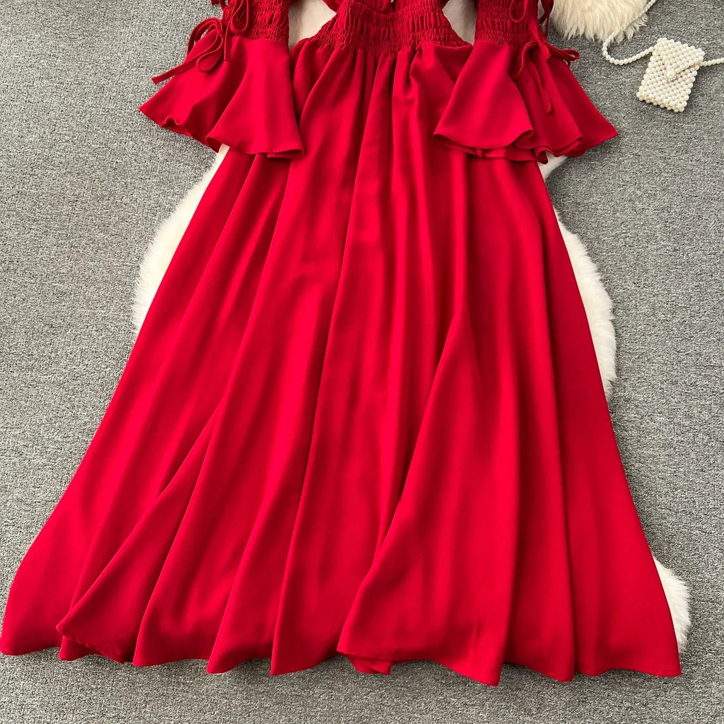 Purple/Green/Red Pleated Maxi Long Dress Women Vintage V-Neck Flare Sleeve Draped Ruffle Vestido Female Maxi Robe Summer Lootquake LLC