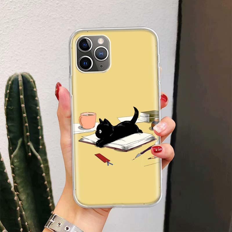 Black Cat Cartoon Cute For Iphone 11 13 14 Pro Max 12 Mini Phone Case X Xs Xr 6 6s 8 7 Plus Se 5 5s Cover Cute Funny Aesthetic Cat Design Pattern Silicone Soft Phone Case Stevvex