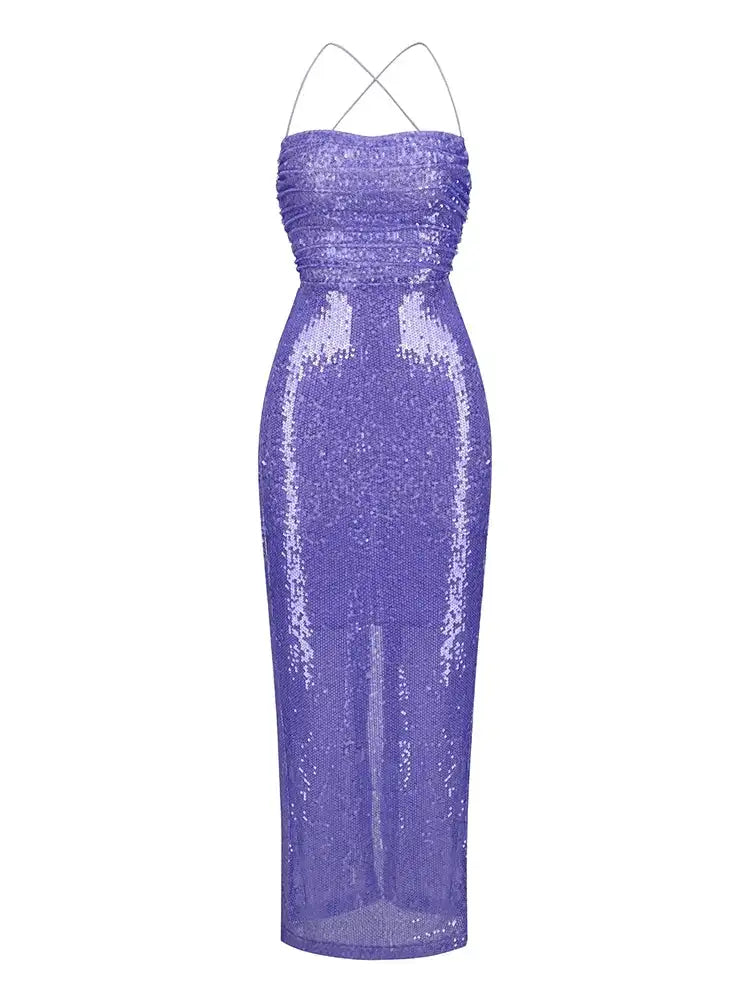 New Sexy Sleeveless Backless Lace-up Slim Long Dress Summer Elegant Pleated Backless Bright Sequins Dress Luxury Evening Dresses