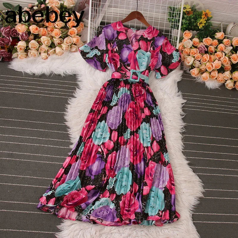 Women Dress Fashion Vintage Ins Bandage Slim Waist A-line Long Dress Vacation Beach Summer Outfits Lady Robe Femme Lootquake LLC