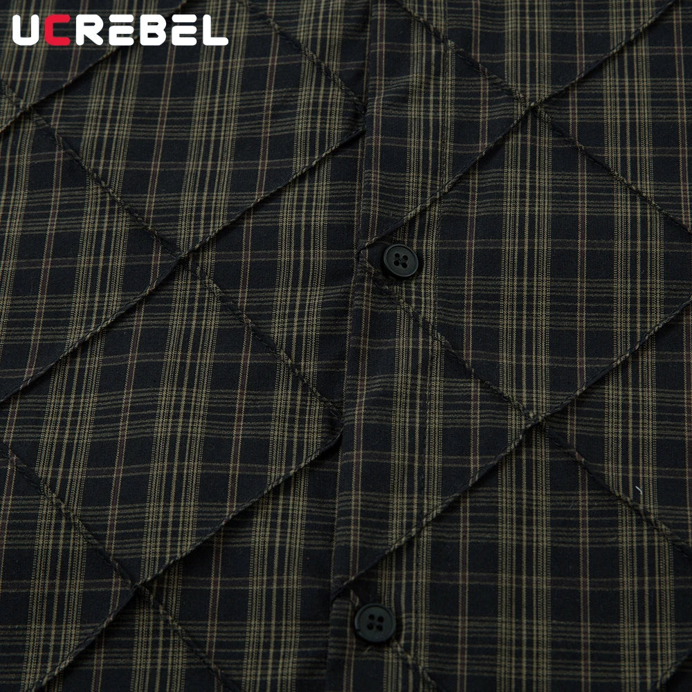 Plaid Spliced Fake Two Pieces Shirts Mens High Street Spring Loose Single Breasted Long Sleeve Lapel Shirts Shirts Men Lootquake LLC