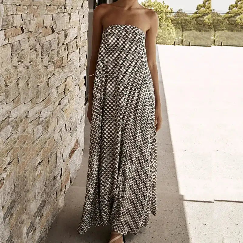 Fashion Strapless High Waisted Long Dress Women Casual Off Shoulder Pleated Bohemian Dress Elegant Pattern Printed Holiday Dress