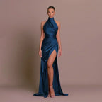 Ladies Summer Satin Evening Birthday Party Dresses Women Sleeveless Backless Halter Side Slit Elegant Long Dress Mowan Clothes