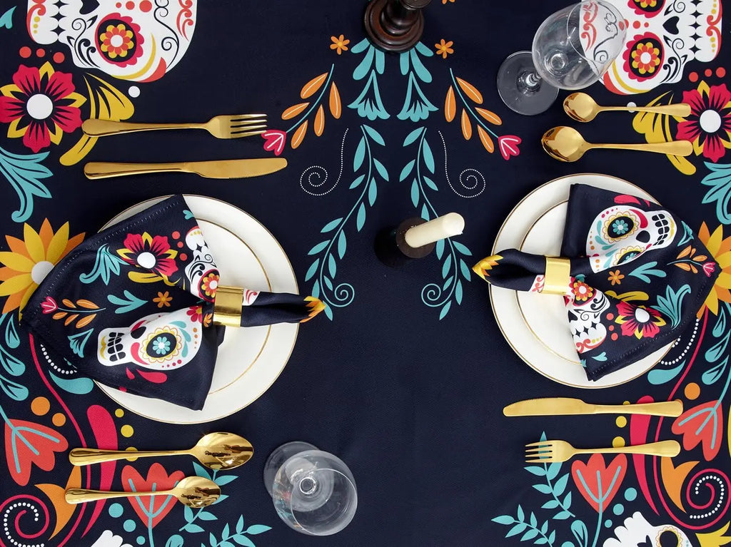 Mexican Sugar Skull Day of The Dead Waterproof Tablecloth Fiesta Decor Dia De Los Muertos Tablecloth Halloween Decorations Lootquake LLC