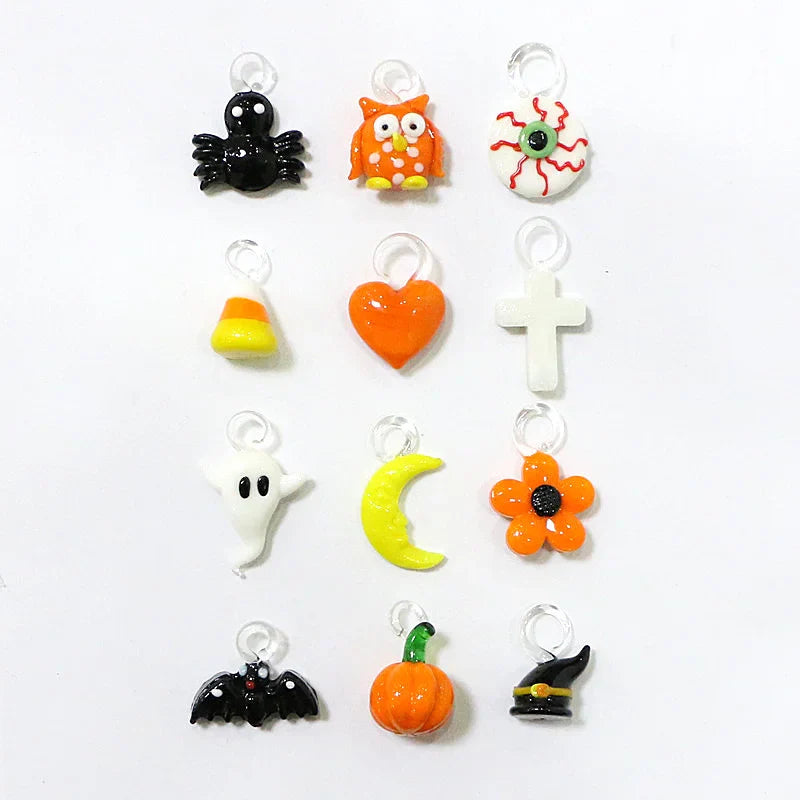 Halloween Decor Cute Glass Tree Figurine Ornaments with Mini Owl Spider Bat Pumpkin Cross Ghost Evil Eye Heart Moon Hat Pendant Lootquake LLC