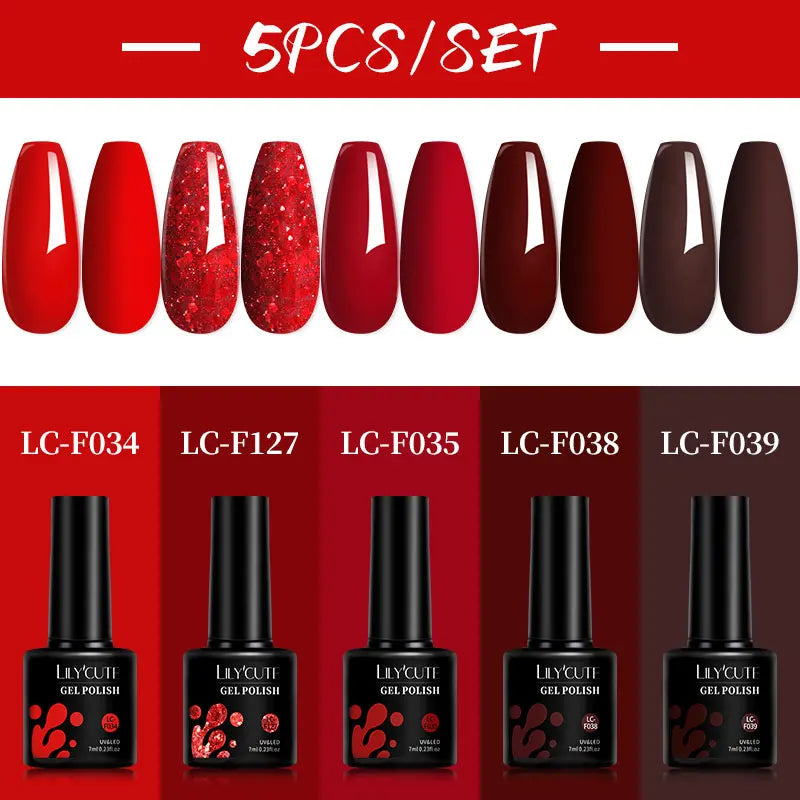 LILYCUTE 5Pcs/Set 7ML Red Brown Nail Gel DIY Nail Art Semi Permanent UV Gel Polish Long Lasting Design Manicure Kit Supplies Lootquake LLC