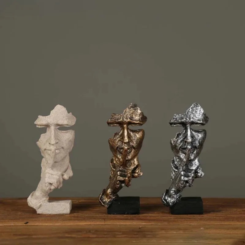 New Creative Abstract Silence Is Gold Abstract Figurine Resin Hand Face Men Statue Sculpture Home Office Living Room Desk Decor Lootquake LLC