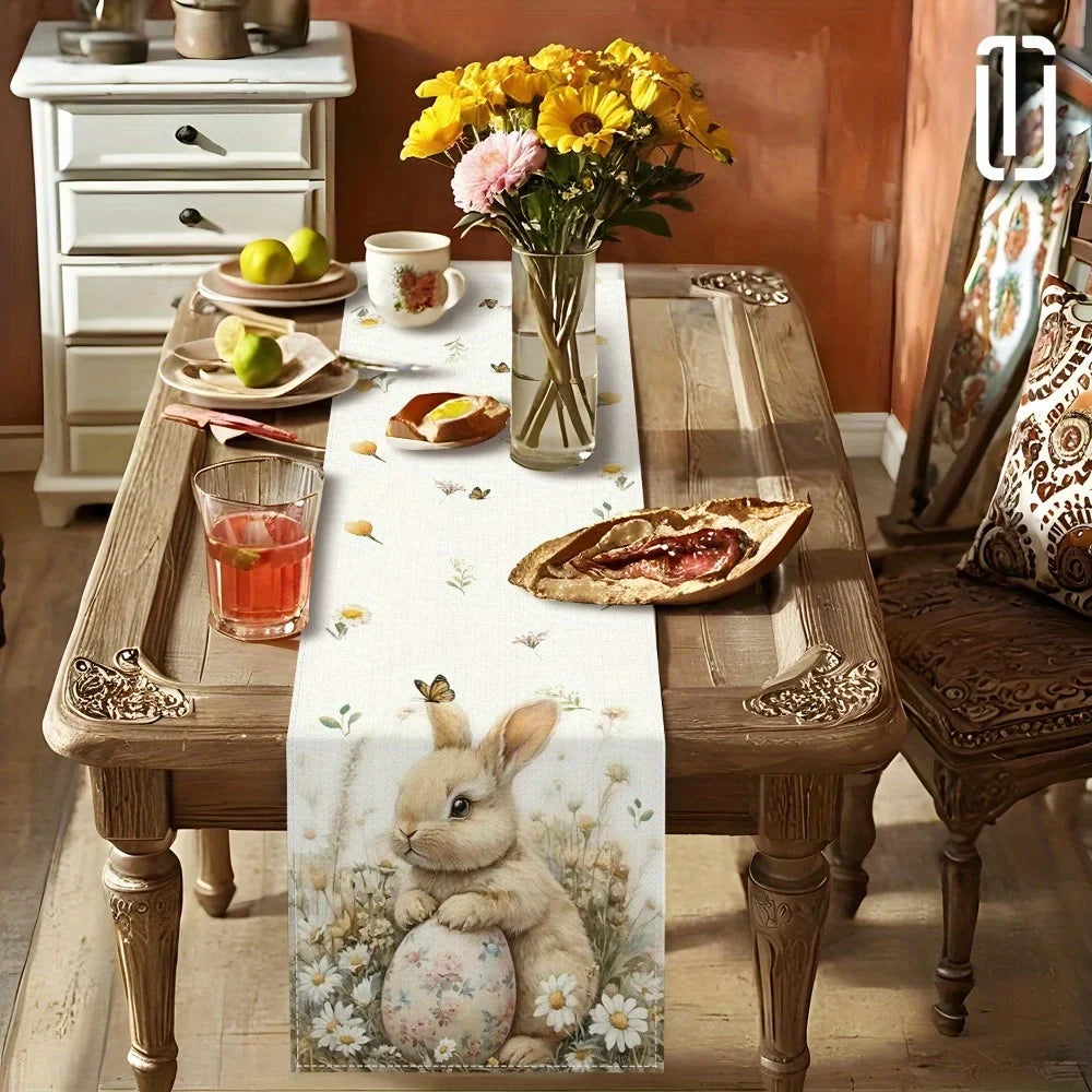 1pc Easter Bunny and Floral Egg Table Runner for Spring Holiday Home Decor, Easter Celebration Tablecloth Gift Idea Lootquake LLC