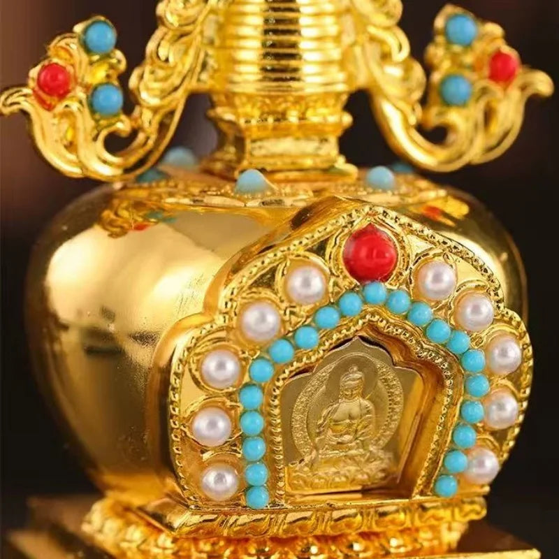 Buddha Statue Pagoda,Engraving Inlaid Gem Tibetan Alloy Double-Layer Tower,Altars Stupa,Buddhist Item Religious Decorative Lootquake LLC