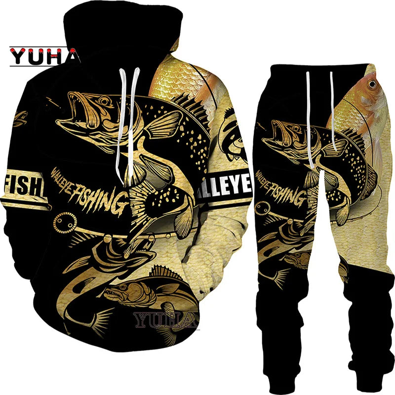 New 3D Fishing Art Print Casual Couple Hoodies Outfits Hip Hop Streetwear Hooded Sweatshirt+Sweat Pants Men's Tracksuit Set Lootquake LLC