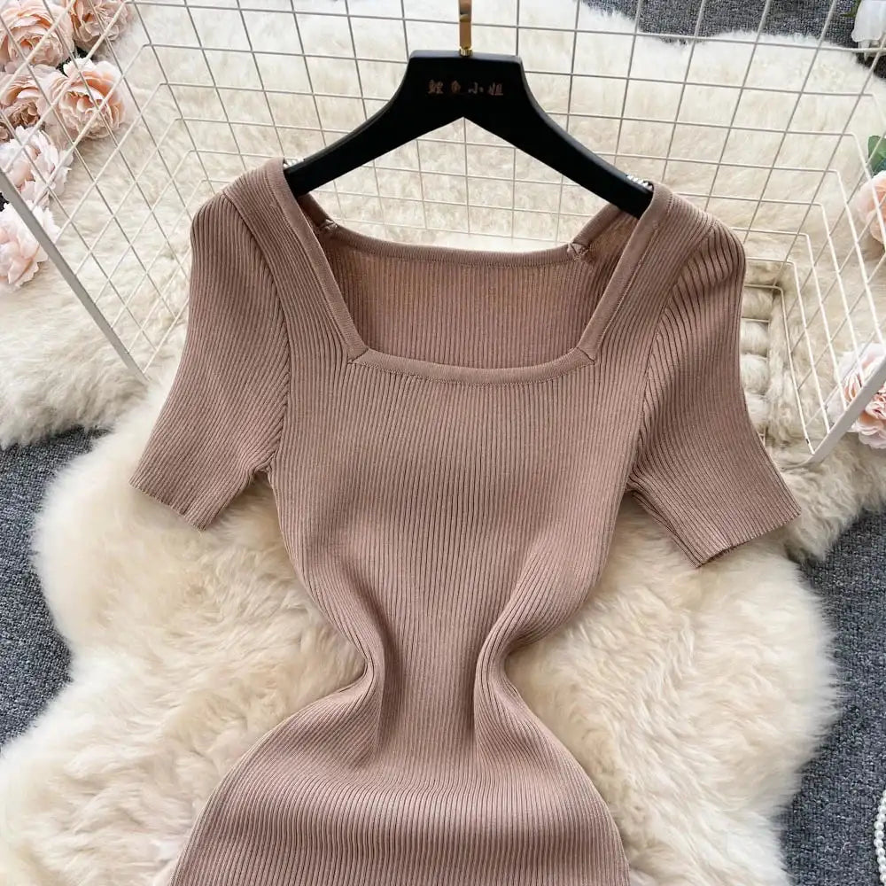 Green 2024 Sexy Summer Knit Short Sleeve Dress Women Squar Collar Waist Bodycon Sundress Female Beach  Backless Long Dress