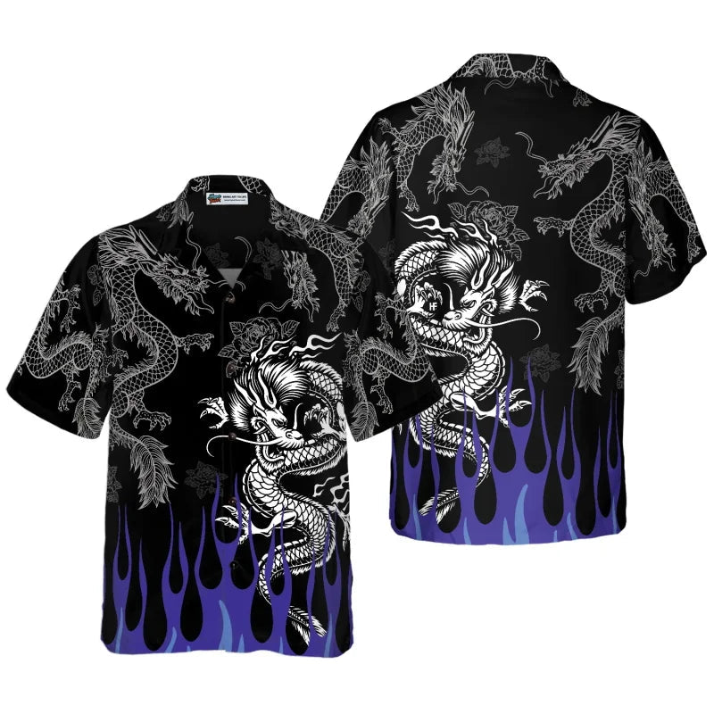 All Over Print Flame Dragon Pattern Hawaiian Shirts For Men Summer Short Sleeve Button Up Beach Shirts Blouse Mens Streetwear Lootquake LLC