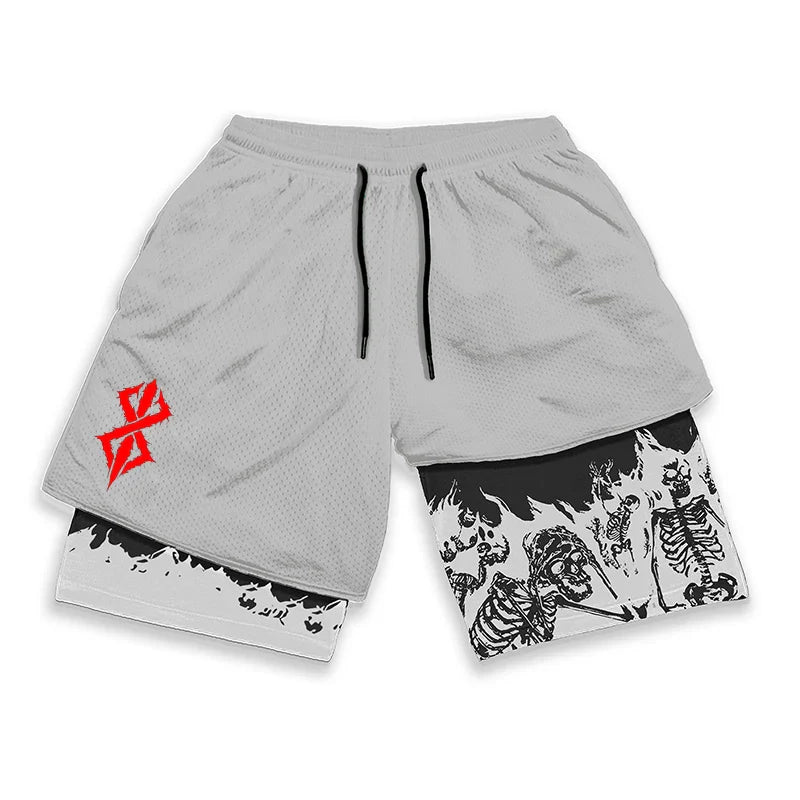 Berserk Skull Print 2 in 1 Running Workout Shorts