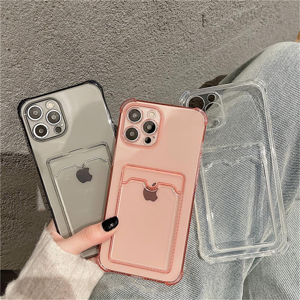 Transparent Card Slot Holder Case for iPhone 13 11 12 14 Pro Max Mini Clear Shockproof Soft Wallet Cover Clear Phone Case with Card Holder Slim Protective Soft Shock Absorbing Case with Card Holder Stevvex
