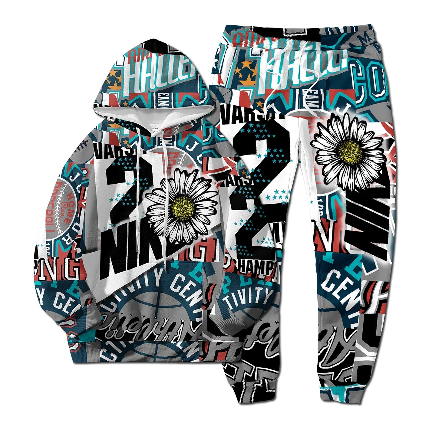 European Style New NK Letter Hip-hop 3D Digital Printing Fashion Casual Sports Youth Men and Women Hoodie Long Pants 2-Piece Set Pi-Mart