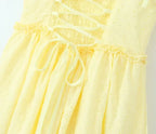 YENKYE Sexy Elegant Women Hollow Out Embroidery Yellow Sling Mini Dress Low Waist Lace Up Bandage Party Dresses Birthday Robe