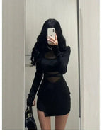 Pile Up Sleeves New Sexy Black Fishbone Dress Personalized Slim Women Dress Thin Gauze Perspective Wrap Around Buttocks  F8Q3