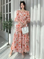 Summer New Off Shoulder  Wrap Waist to Show Thin A-line Fragmented Cake Dress Women's Beach Vacation Chiffon Long Dress GD820