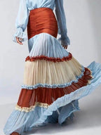 Elegant Ruffle Dress for Women Tiered A-Line Sweet Fashion Lantern Sleeve V-Neck Patchwork Layer Long Dress for Autumn 2024