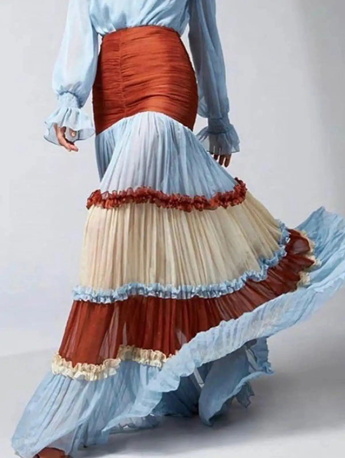 Elegant Ruffle Dress for Women Tiered A-Line Sweet Fashion Lantern Sleeve V-Neck Patchwork Layer Long Dress for Autumn 2024
