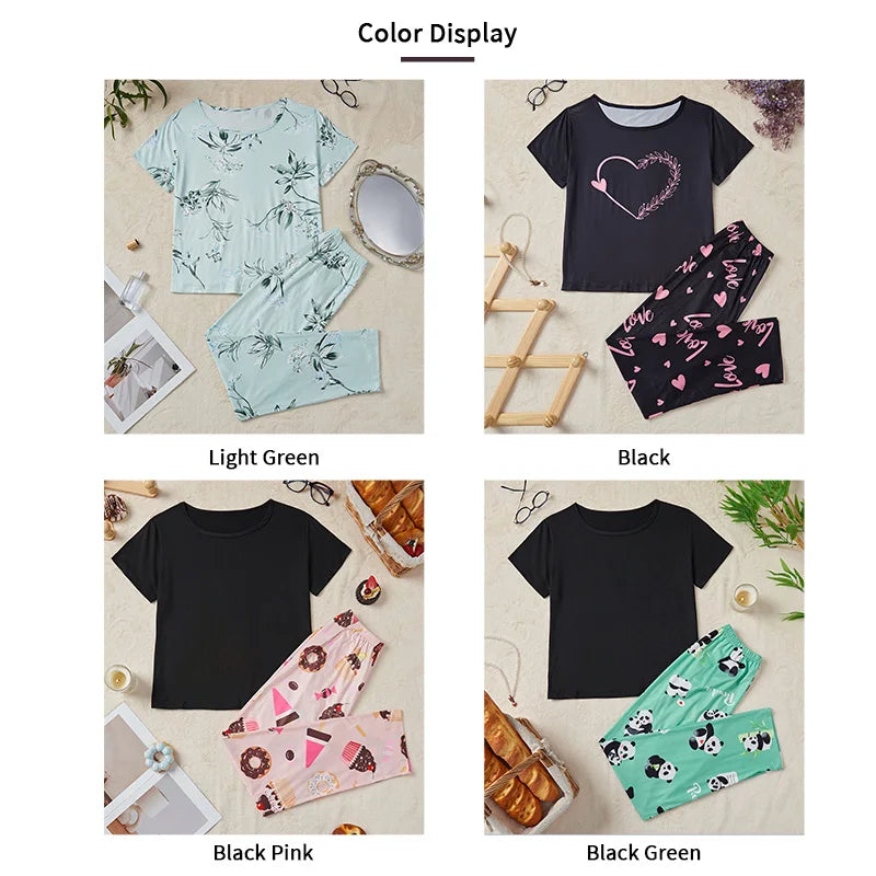Women's Sleepwear Cozy Heart Print Relaxed Fit Pajama Set Short Sleeve Tee Top & Pants Nightwear 2 Piece Pyjama for All Seasons Lootquake LLC