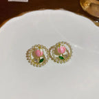 Kiss Jewelry Cute Sweet Flower Round Shape Pearl Rhinestone Stud Earrings for Women Tulip Floral Korean Fashion Earring Gift Lootquake LLC