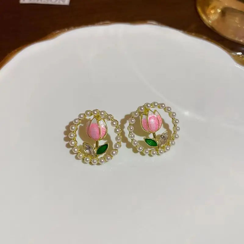 Kiss Jewelry Cute Sweet Flower Round Shape Pearl Rhinestone Stud Earrings for Women Tulip Floral Korean Fashion Earring Gift Lootquake LLC