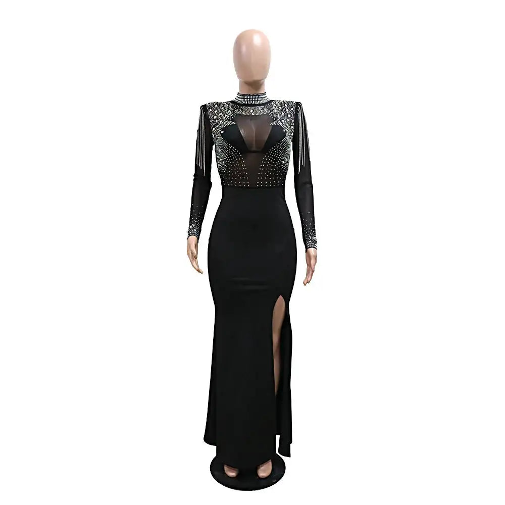 CM.YAYA Women Mesh See Through Long Sleeve Diamonds Hot Rhinestones Mermaid Long Dress Fall Evening Sexy Party Dresses Vestidos