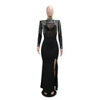 CM.YAYA Women Mesh See Through Long Sleeve Diamonds Hot Rhinestones Mermaid Long Dress Fall Evening Sexy Party Dresses Vestidos