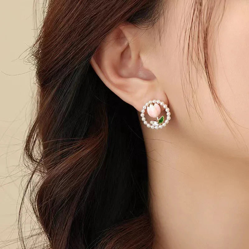 Kiss Jewelry Cute Sweet Flower Round Shape Pearl Rhinestone Stud Earrings for Women Tulip Floral Korean Fashion Earring Gift Lootquake LLC