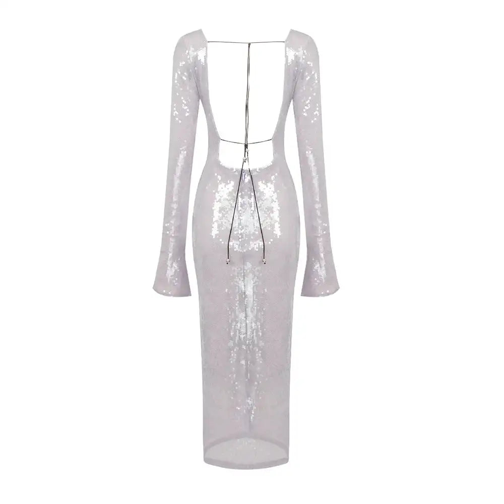 BEVENCCEL Sexy Luxury Sequins Deep V Long Sleeve Backless Sequins Long Dress Elegant  Bodycon Maxi Evening Party Clubwear Dress
