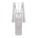 BEVENCCEL Sexy Luxury Sequins Deep V Long Sleeve Backless Sequins Long Dress Elegant  Bodycon Maxi Evening Party Clubwear Dress