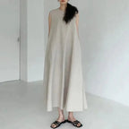 2022 Minimalist Chic Loose Swing Sleeveless Mid-length Casual Cotton Linen Long Dress  Round Neck High Waist Women Runway Dress