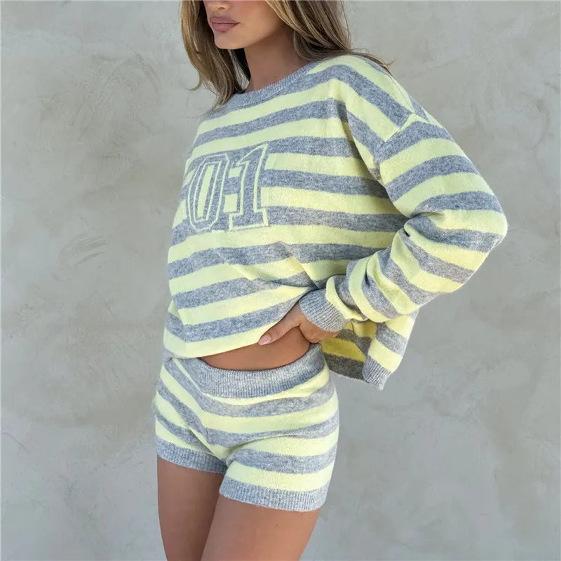 Y2K Striped Knit Sweater & Shorts Set THRIXINE