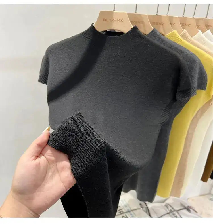 Half High Collar T-shirts Flying Sleeve Design Slim Knitted Sleeveless Top Women Simple Comfortable White T-shirts Summer 2025