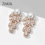 ZAKOL New Fashion CZ Zirconia Crystal Leaf Dangel Earrings for Women Luxury Bridal Wedding Party Jewelry