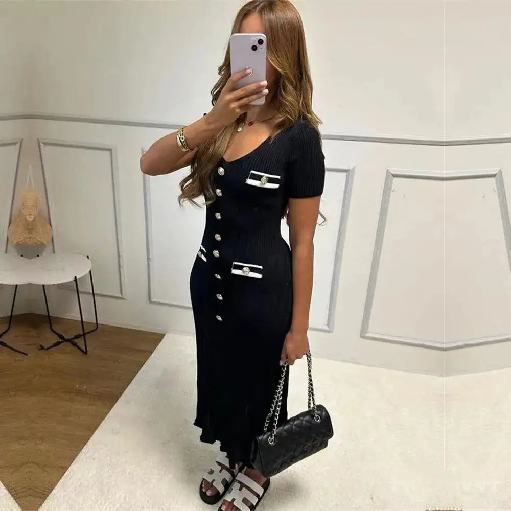 Office Lady Elegant Knitted Long Dress Summer Short Sleelve V Neck Single Breasted Bodycon Dresses Women Party Fashion Vestidos