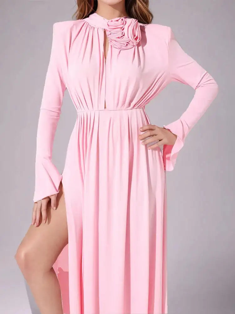 Solid Patchwork Appliques Dresses For Women Half High Collar Flare Sleeve High Waist Elegant Long Dress Female Fashion New