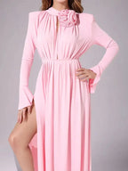 Solid Patchwork Appliques Dresses For Women Half High Collar Flare Sleeve High Waist Elegant Long Dress Female Fashion New