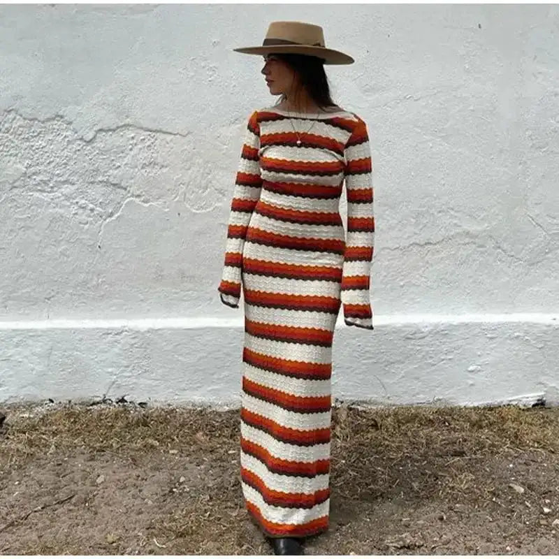 Striped Knitted Long Dress Women O-neck Backless Hollowed Out Long Sleeves Lady Bodycon Dress 2024 Spring Summer Vacation Robe