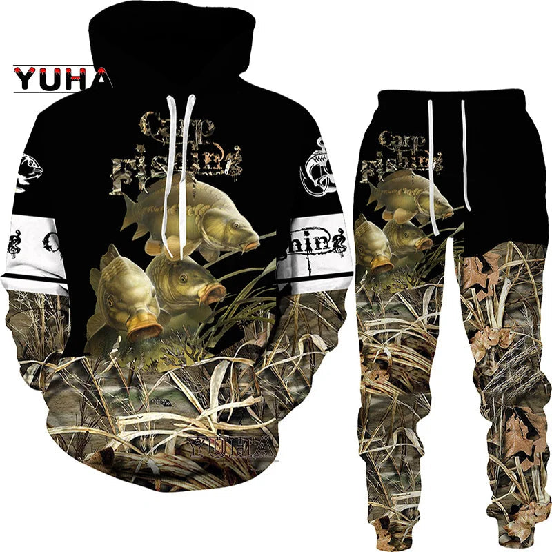 New 3D Fishing Art Print Casual Couple Hoodies Outfits Hip Hop Streetwear Hooded Sweatshirt+Sweat Pants Men's Tracksuit Set Lootquake LLC