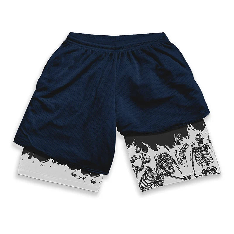 Berserk Skull Print 2 in 1 Running Workout Shorts
