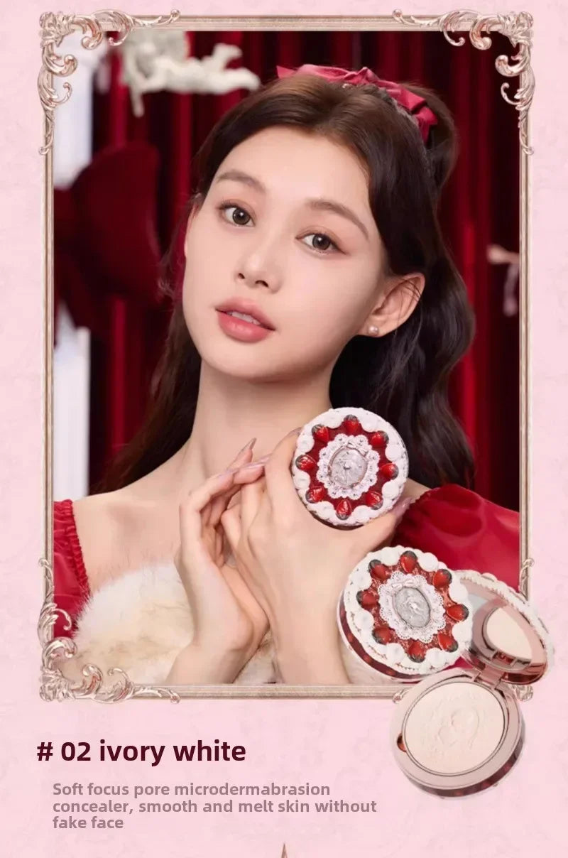 Flower Knows Strawberry Cupid Collection Pressed Powder Mineral Makeup Powder Foundation With Concealer & Finishing Vegan