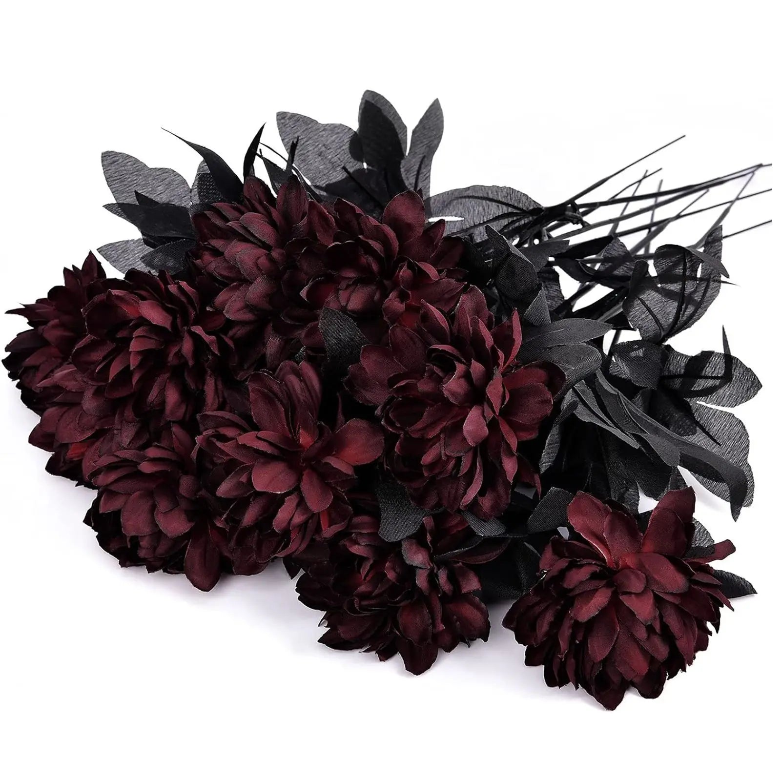 Halloween Decoration Burgundry Dahlia Black Artificial Flower Branch Arrangement Materials Fake Flower Table Home Party Decor Lootquake LLC