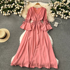 Purple/Green/Red Pleated Maxi Long Dress Women Vintage V-Neck Flare Sleeve Draped Ruffle Vestido Female Maxi Robe Summer Lootquake LLC