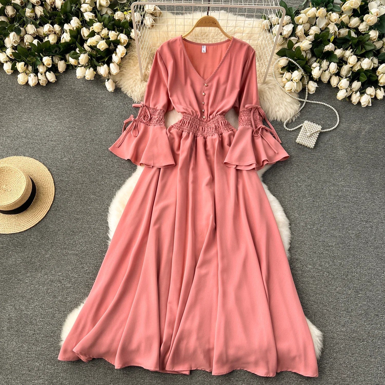 Purple/Green/Red Pleated Maxi Long Dress Women Vintage V-Neck Flare Sleeve Draped Ruffle Vestido Female Maxi Robe Summer Lootquake LLC