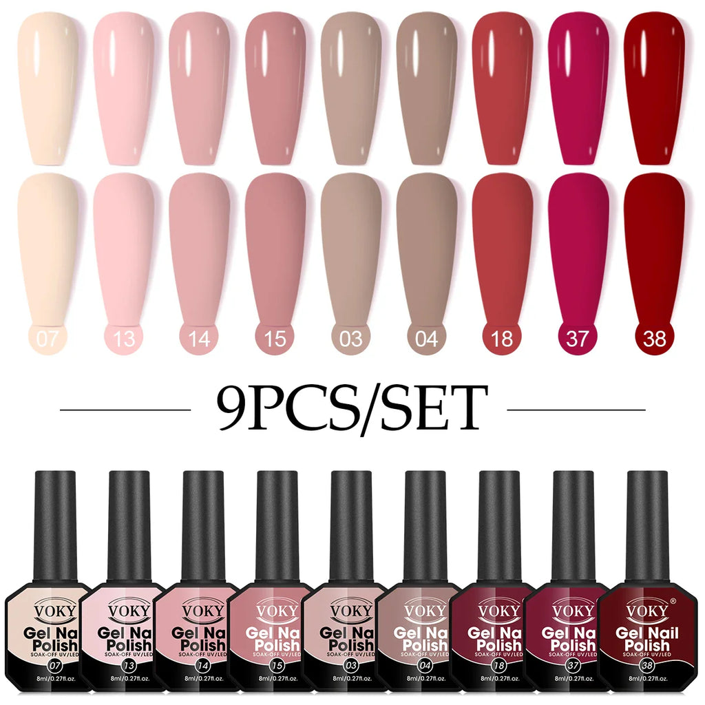 Gel Nail Polish Set, 9-piece, hypoallergenic, fragration-free, washable, advanced gel formulation for home nail and salon use