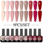 Gel Nail Polish Set, 9-piece, hypoallergenic, fragration-free, washable, advanced gel formulation for home nail and salon use