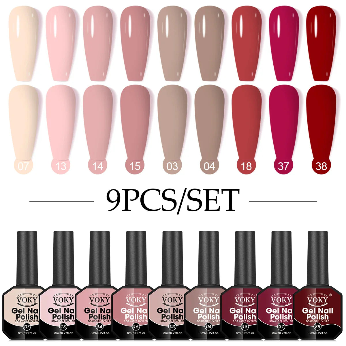 Gel Nail Polish Set, 9-piece, hypoallergenic, fragration-free, washable, advanced gel formulation for home nail and salon use
