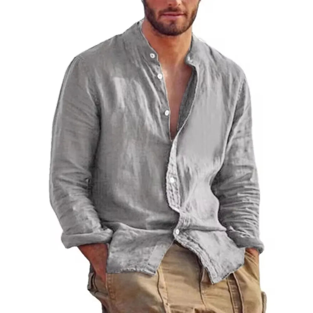 New Mens Long Sleeve Linen Shirt Stand Up Collar Casual Lightweight Mens Shirts Breathable T Shirts Hawaiian button Shirt Lootquake LLC